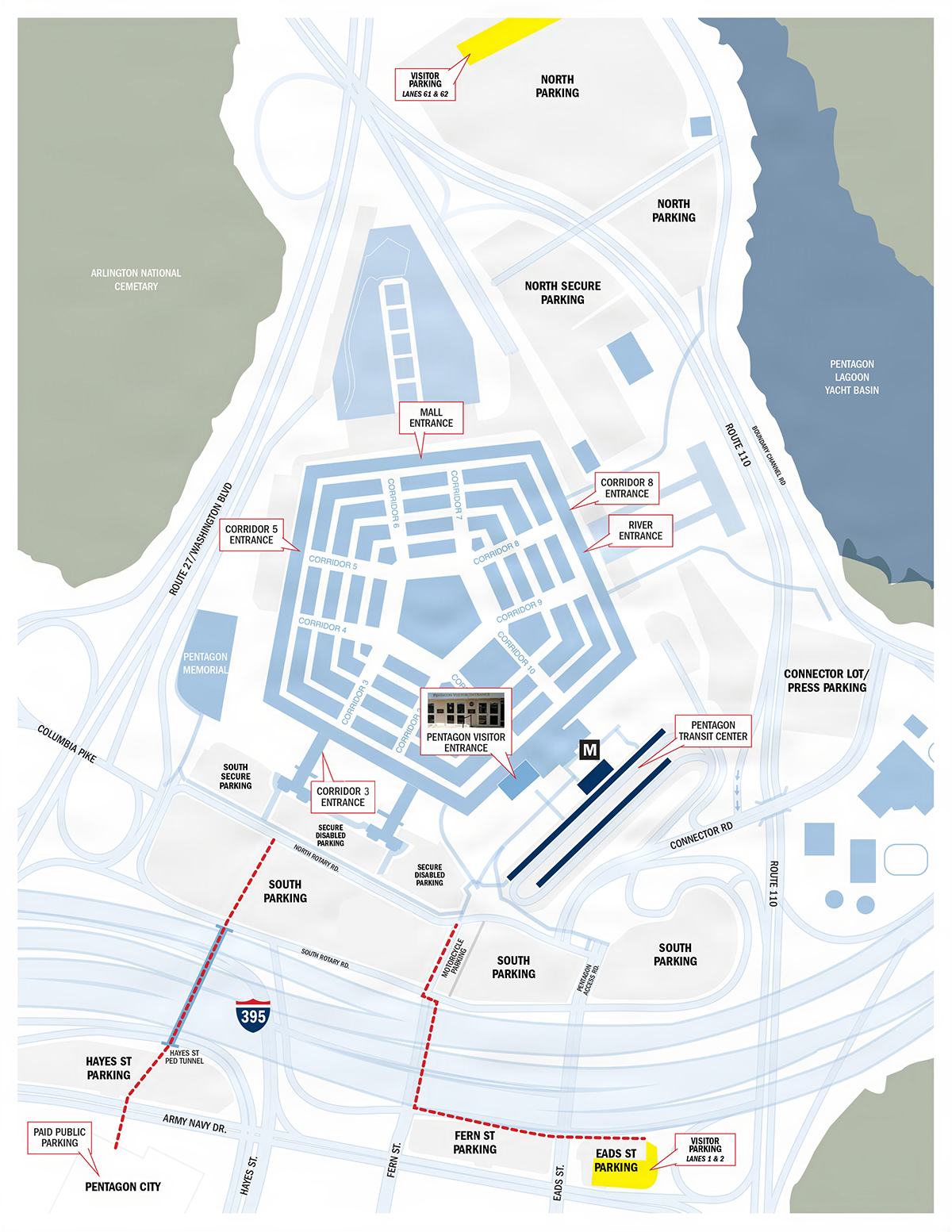 A map of the public parking options at the Pentagon.